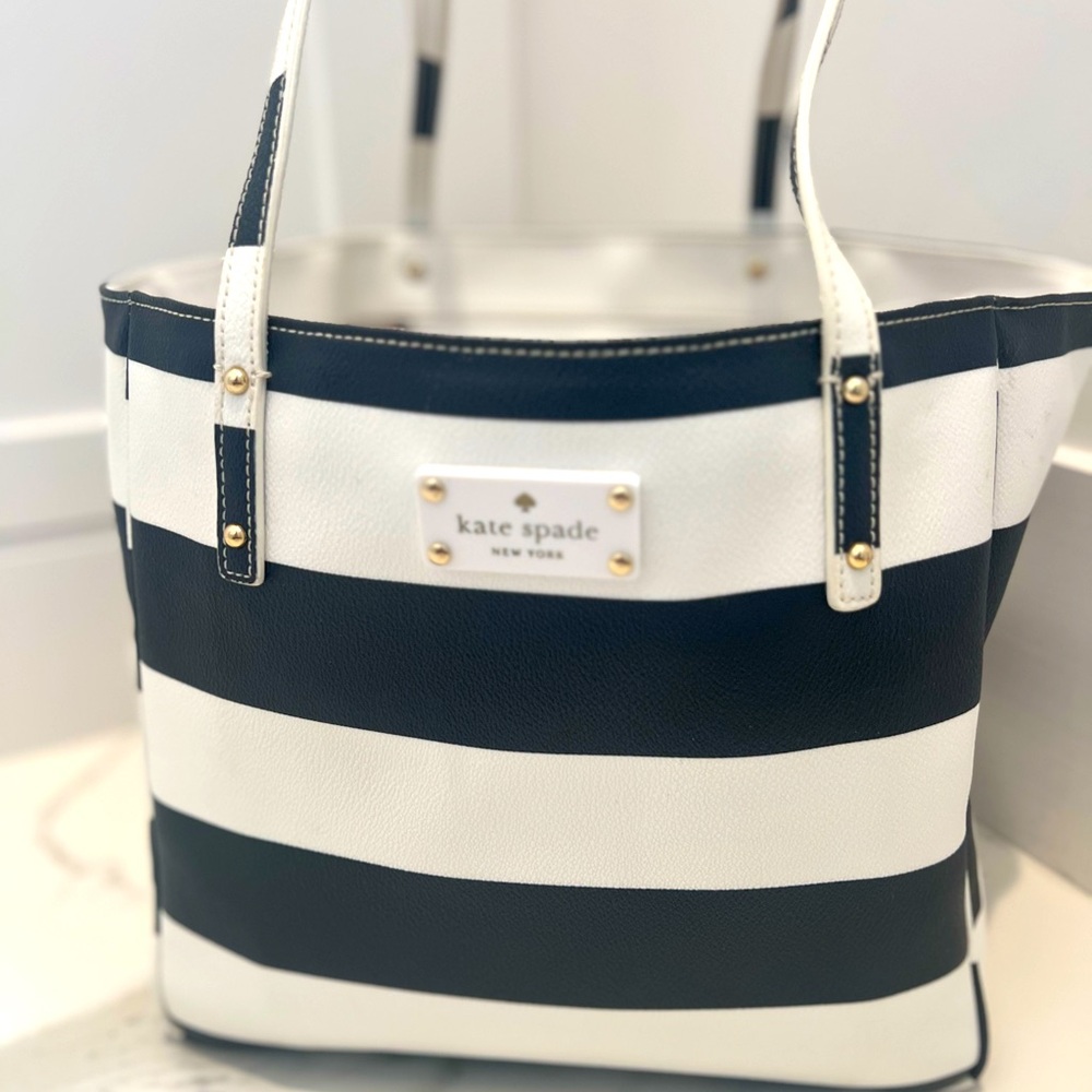 Kate Spade large tote, navy blue and white striped leather